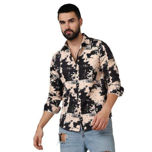 Campus Sutra Mens Beige & Black Paint Strokes Shirt for Casual Wear | Spread Collar | Long Sleeve | Button Closure | Shirt Craf