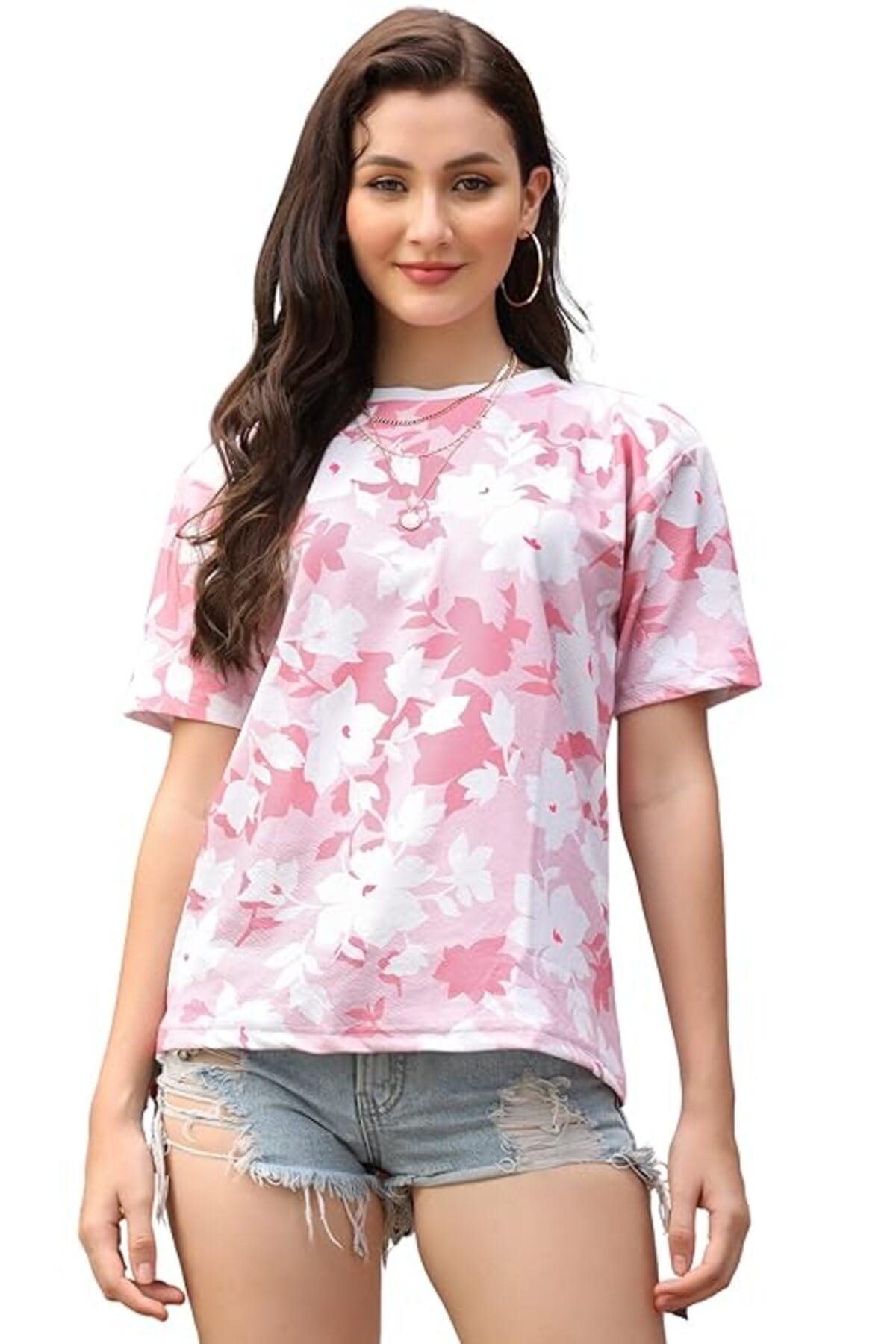 OM SAI LATEST CREATION Womens Lycra Casual Flower Printed Half Sleeve Western Top for Women/Girls Night wear Top (X-Small, Pink