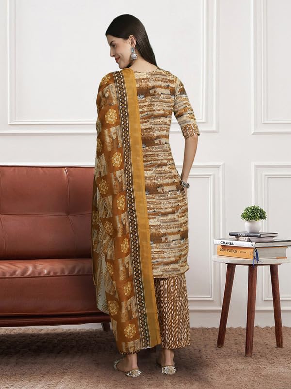 Pinkmint Women Kurta & Pant With Duppatta Set Cotton Straight Printed 3/4 Sleeve Kurti's