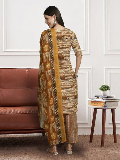 Pinkmint Women Kurta & Pant With Duppatta Set Cotton Straight Printed 3/4 Sleeve Kurti's