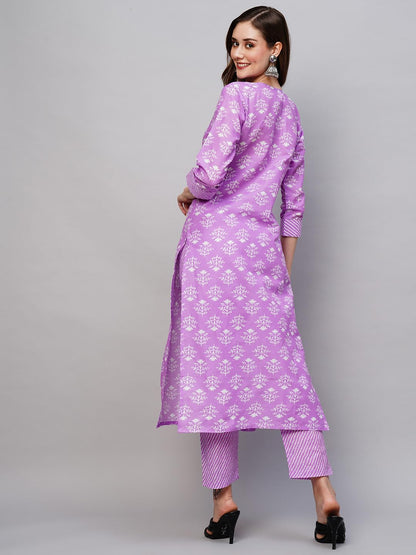 GoSriKi Women's Cotton Blend Printed Straight Kurta with Pant (KIDYA Purple-NW-GS)