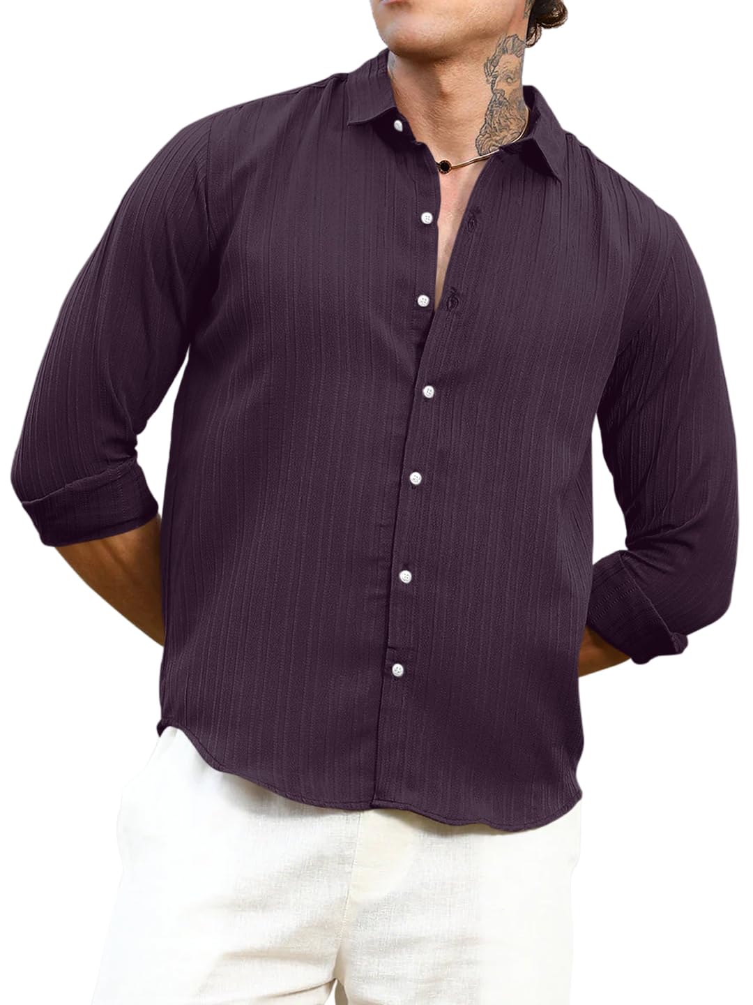 Finivo Fashion MenS Striped Cotton Casual Button Down Shirts Long Sleeve Textured Summer Beach Shirt For Men Purple