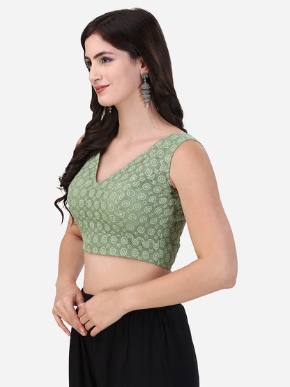 OOMPH! Womens Indian Ethnic Wear Designer Round Leaf Pattern V Neck Sleeveless Cotton Pista Blouse for Saree or Lehnga and Blou