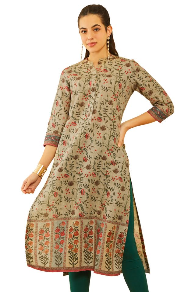 Soch Womens Olive Green Linen Floral Printed Straight Kurta