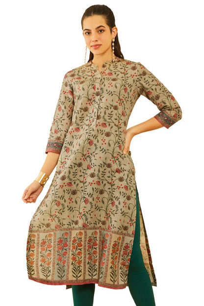 Soch Womens Olive Green Linen Floral Printed Straight Kurta