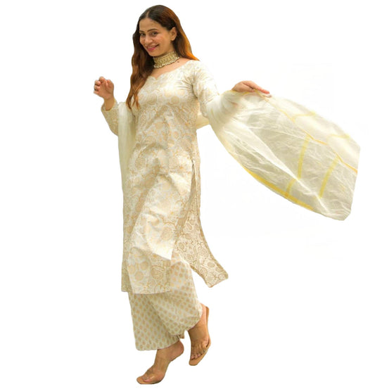 ANNI DESIGNER Women's Cotton Blend Floral Printed Straight Kurta with Palazzos & Dupatta (Ghost-Off-White)