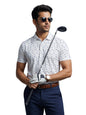 Mens Cotton Printed Polo Tshirt | 220 GSM Interlock Fabric | Slim Fit | Skin-Friendly Ink | White Golf-Inspired Pattern T Shirt
