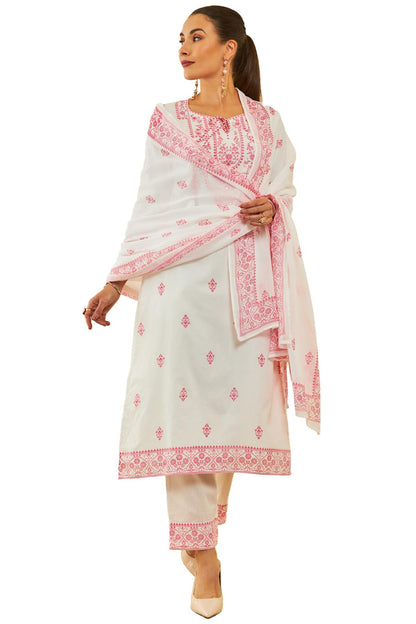 Soch Womens White & Red Cotton Floral Printed Suit Set With Cutdana Details