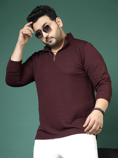 Rigo Polyester Plus Size T-Shirt for Men | High Neck, Slim Fit T-Shirt for Men | Solid Casual Plus Size T-Shirts Wine