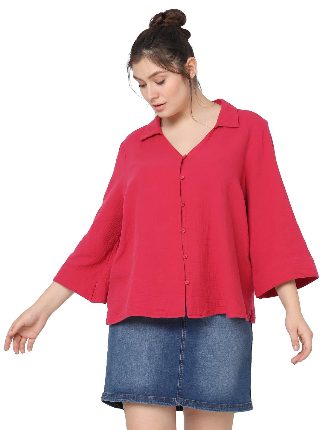 Vero Moda Curve Women Solid Red Cotton Relaxed Fit Shirt