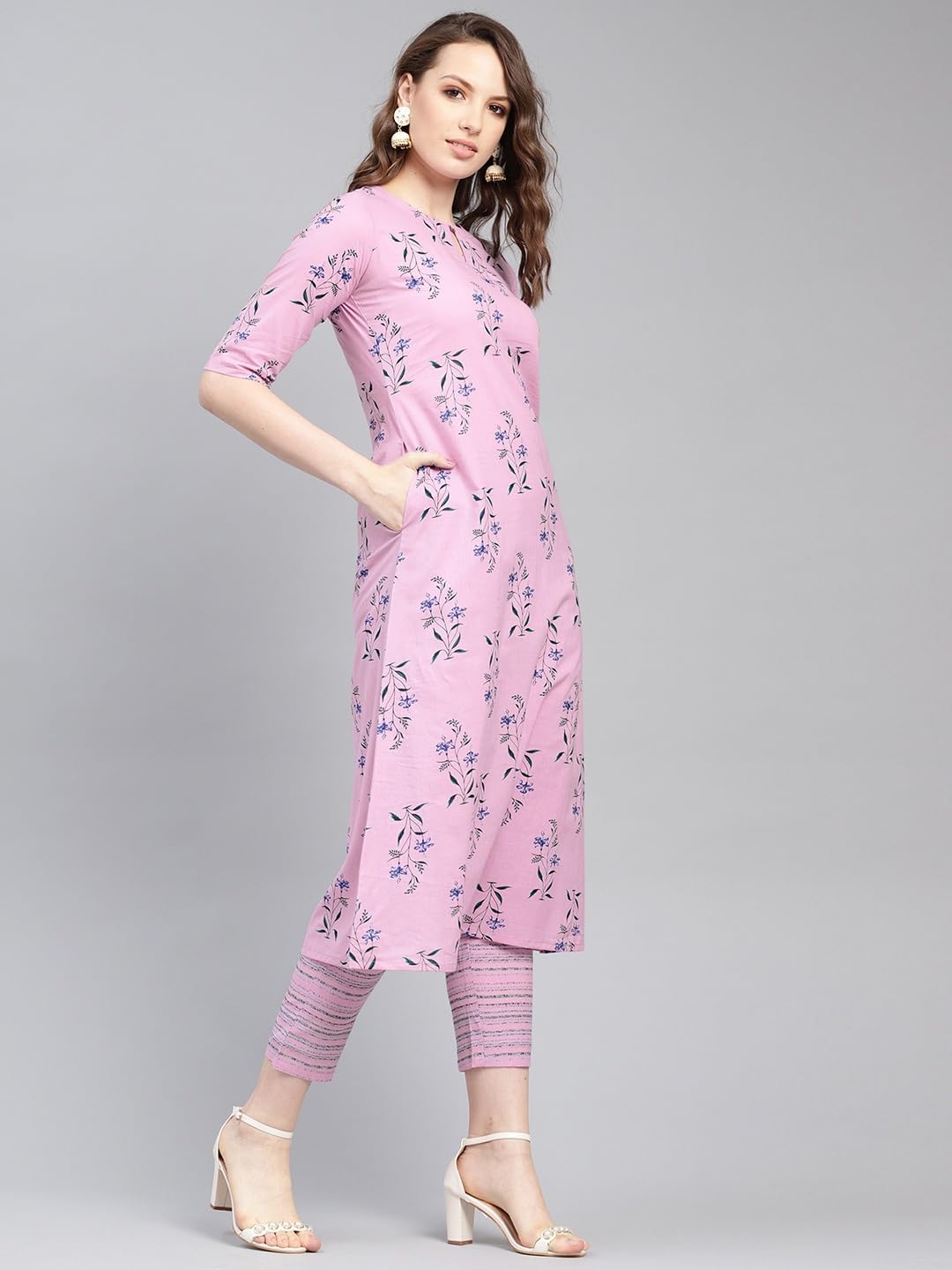 Libas Womens Cotton Printed Regular Fit Kurta Set (6410F_Purple