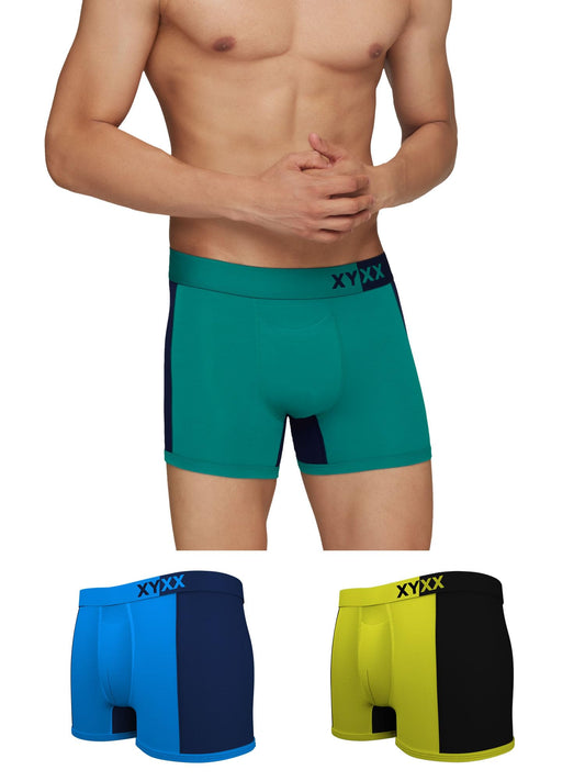 XYXX Mens Underwear Dualist IntelliSoft Antimicrobial Micro Modal Trunk Pack of 3 (Lime Punch & Black;Navigate & Black Iris;Bri