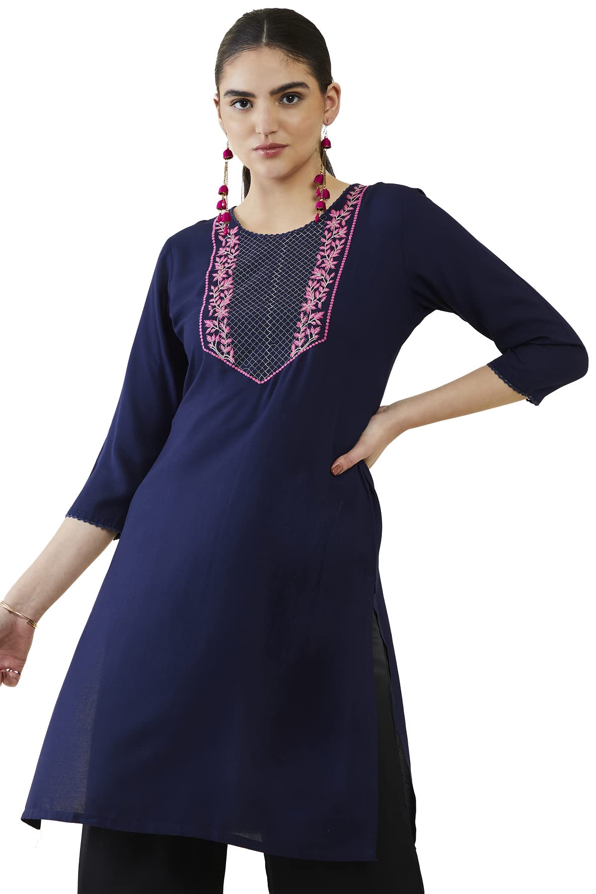 Soch Women Navy Blue Rayon Embroidered Kurta