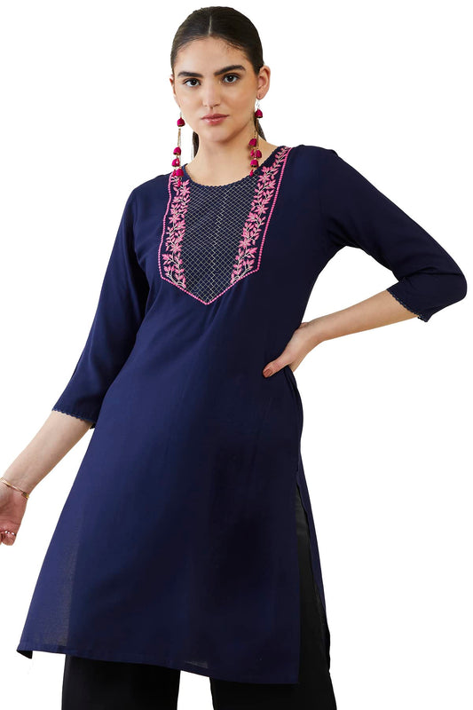 Soch Women Navy Blue Rayon Embroidered Kurta
