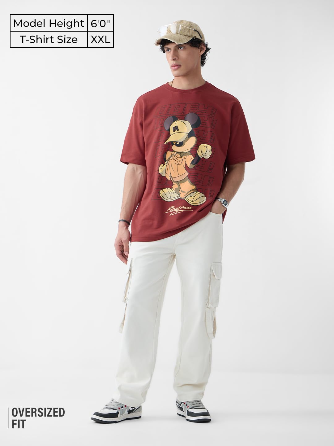 The Souled Store Disney: Mickey Mouse Obey Men and Boys Short Sleeves Round Neck Burgundy Graphic Printed Cotton Oversized T-Shi