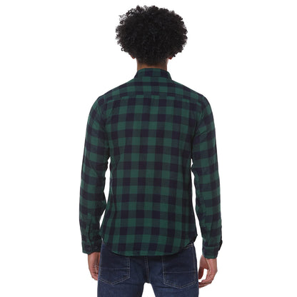 Campus Sutra Mens Green & Blue Checked Colour-Blocked Button Up Shirt Regular Fit for Casual Wear | Stylish Modern Clothing Shi