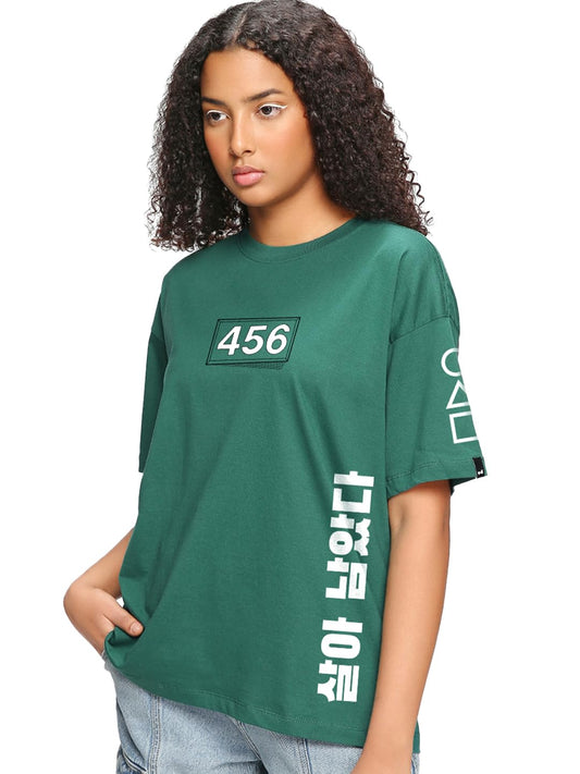 Bewakoof Official Squid Game Merchandise Womens Graphic Print Oversized Fit Half Sleeve Round Neck Cotton Jersey T-Shirt_655114