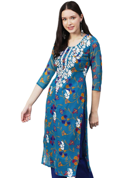 GoSriKi Women's Printed Georgette Chikankari Embroidered Kurti (Gori-Cerosin-Nw-GS)