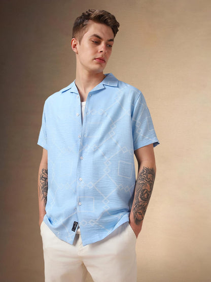 Dennis Lingo Men Light Blue Printed Polyester Relaxed Fit Cuban Collar Half Sleeves Casual Shirt