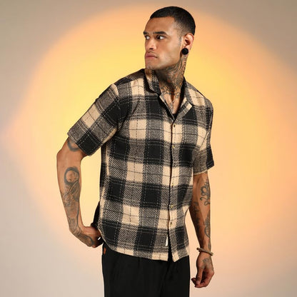 Campus Sutra Mens Black & Beige Tartan Resort Oversized Shirt for Casual Wear | Cuban Collar | Short Sleeve | Button Closure |