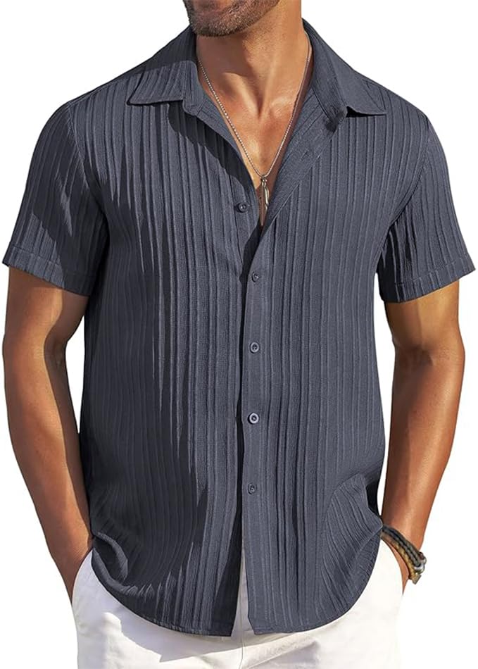 CB-COLEBROOK Mens Casual Button Down Soft Linen Shirts Short Sleeve Textured Summer Beach Shirts for Men (in, Alpha, M, Regular