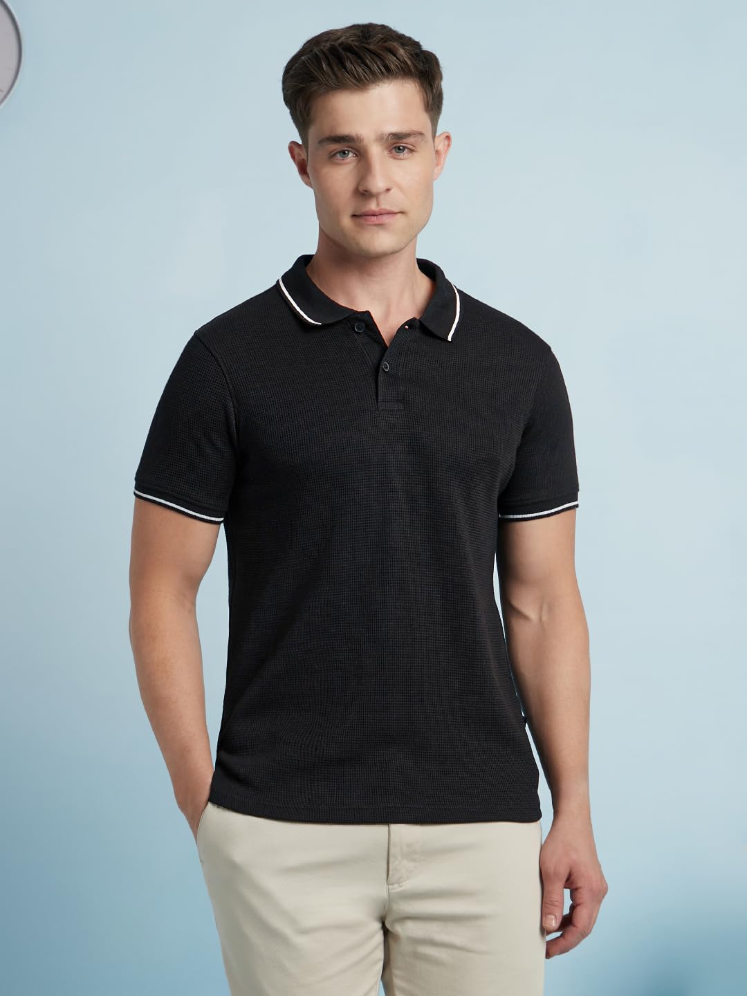 Dennis Lingo Men Cotton Poly Regular Fit Solid Textured T-Shirts Black
