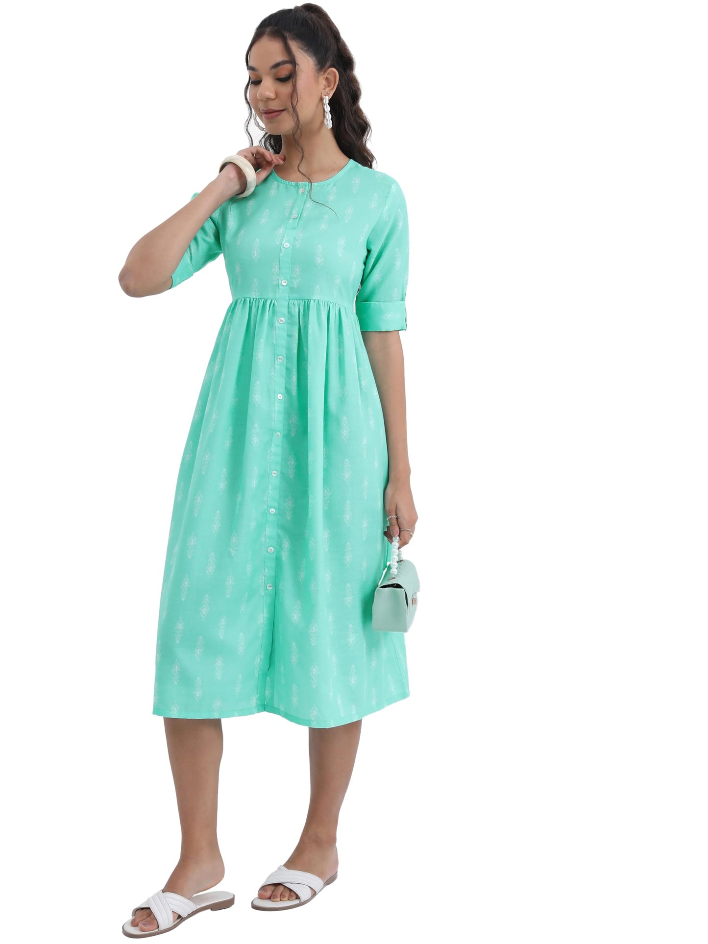 Ketch Cotton Blend Women Regular Fit Sea/Green Dress Knee-Length Kha1000063