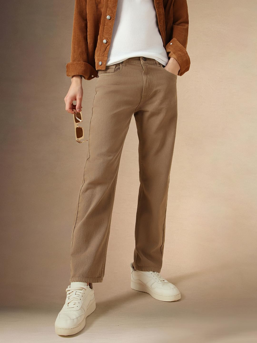 Dennis Lingo Mens Beige Cotton Relaxed Fit Mid-Rise Casual Jeans.