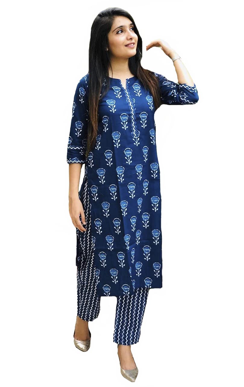 ANNI DESIGNER Womens Pure Cotton Flower Print Kurta with Palazzo (BLUE-FLOWER-01_SY_XXL)