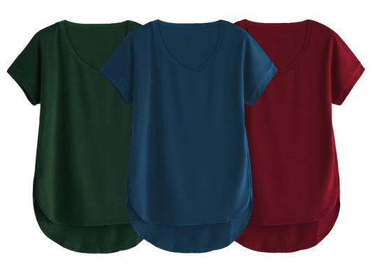 Fabricorn Combo Of Three Plain Maroon, Bottle Green And Airforce Blue V-Neck Up And Down Cotton Tshirt For Women (Maroon, Bottle