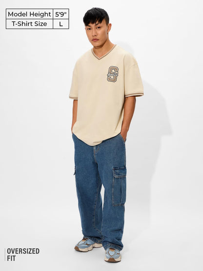 The Souled Store Cosmic Beige Oversized T-Shirt for Men Boys Cotton Casual Half Sleeves Baggy Loose Fit Drop Shoulder Round Neck