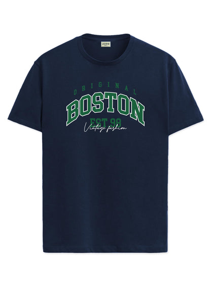 ADRO Mens Printed T Shirt - Premium Cotton Graphic Printed Tshirt - Navy Blue T-Shirt - RN24-BOST-NB