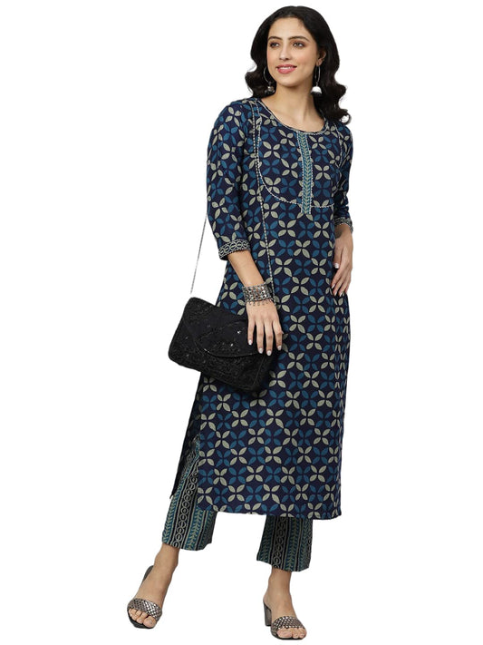 ANNI DESIGNER Women's Cotton Blend Printed Straight Kurta with Pant (Toni Bill Nw)