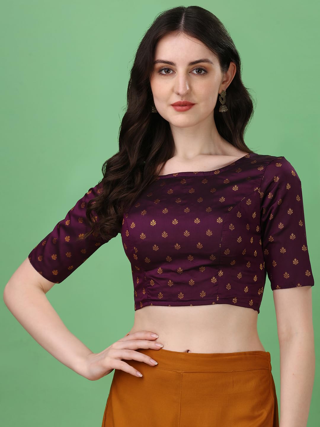 Oomph! Readymade Blouse For Women, Brocade, Purple, Boat Neck
