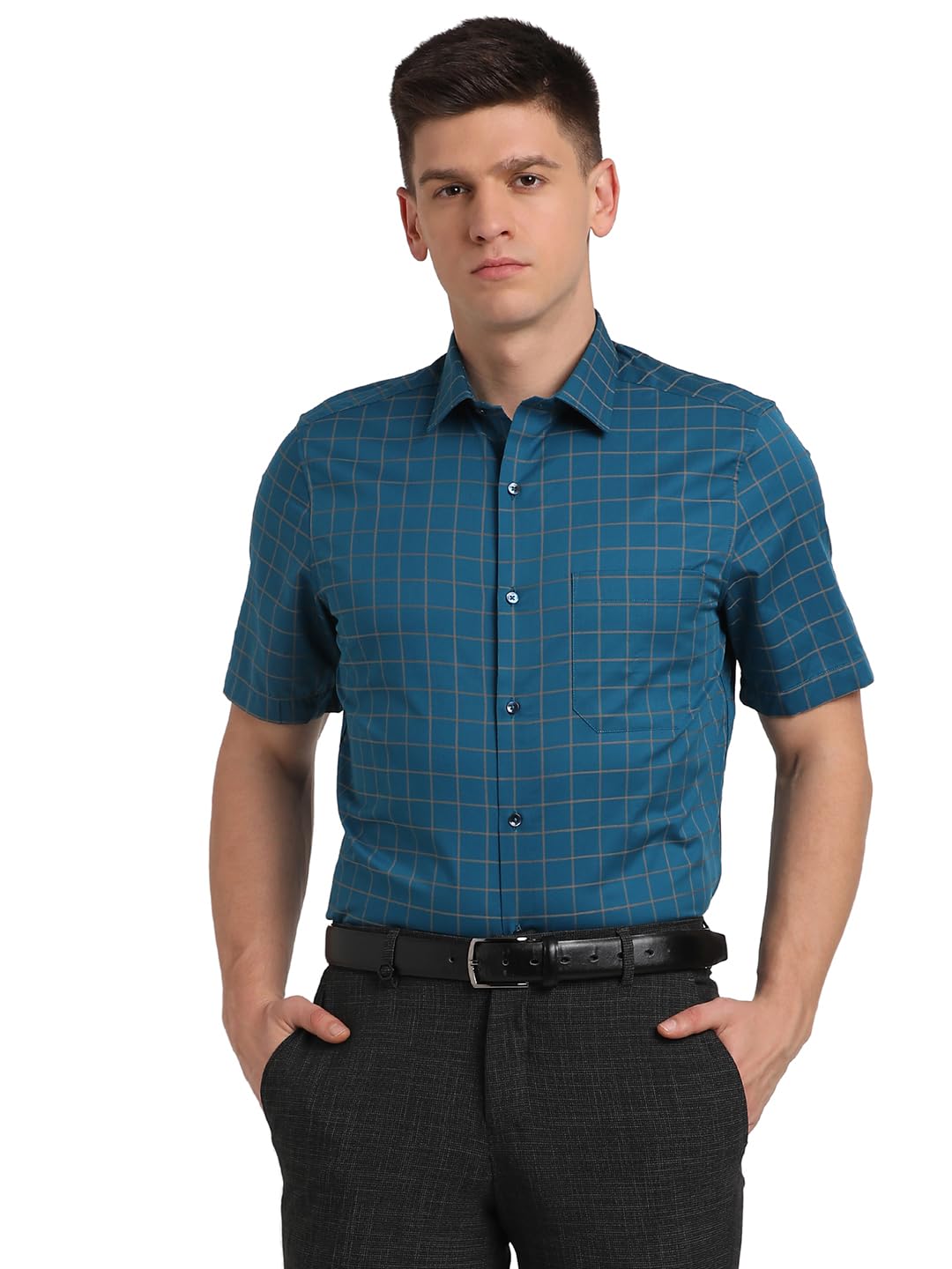 Turtle Men 100% Cotton Teal Green Check Regular Fit Formal Shirt