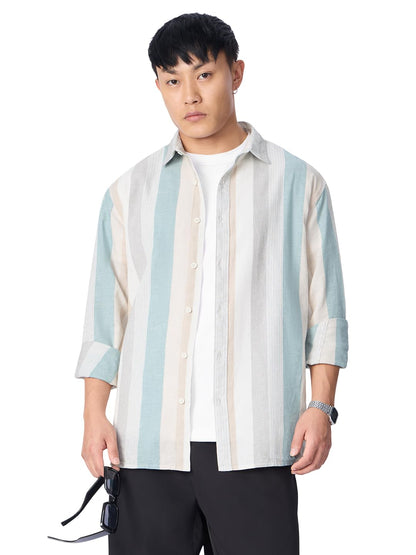 The Souled Store Cotton Linen Stripes: Prism Men and Boys Long Sleeve Collared Neck Button Front Regular Fit Cotton Linen Shirt