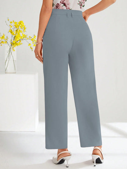 Shasmi Womens Sky Blue High Waist Pleated Straight Leg Trousers  Elegant Solid Color Work Pants with Pockets, Casual Office Wear