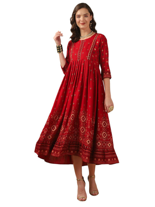 rangita Red Rayon Calf Length Printed Anarkali Kurti for Women | Kurta for Women