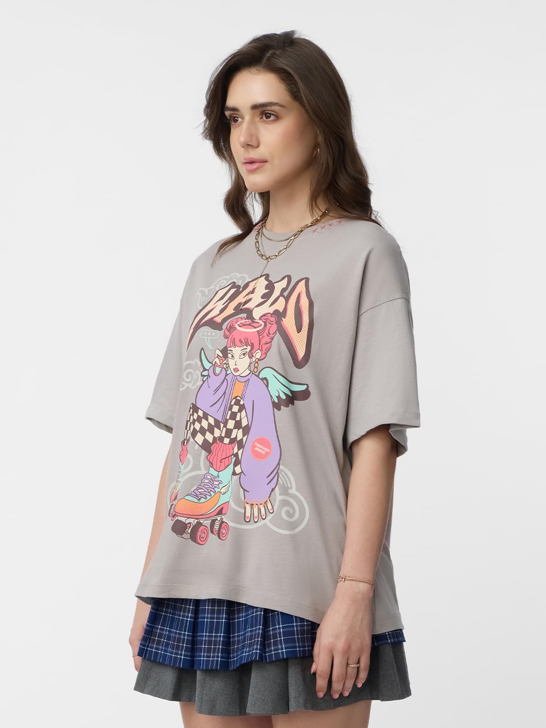 The Souled Store Angel Halo Women and Girls Short Sleeves Round Neck Grey Graphic Printed Cotton Oversized T-Shirts
