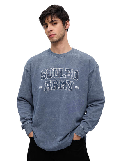 The Souled Store Souled Army Men and Boys Round Neck Blue Embroidered Cotton Oversized Full Sleeve T-Shirts