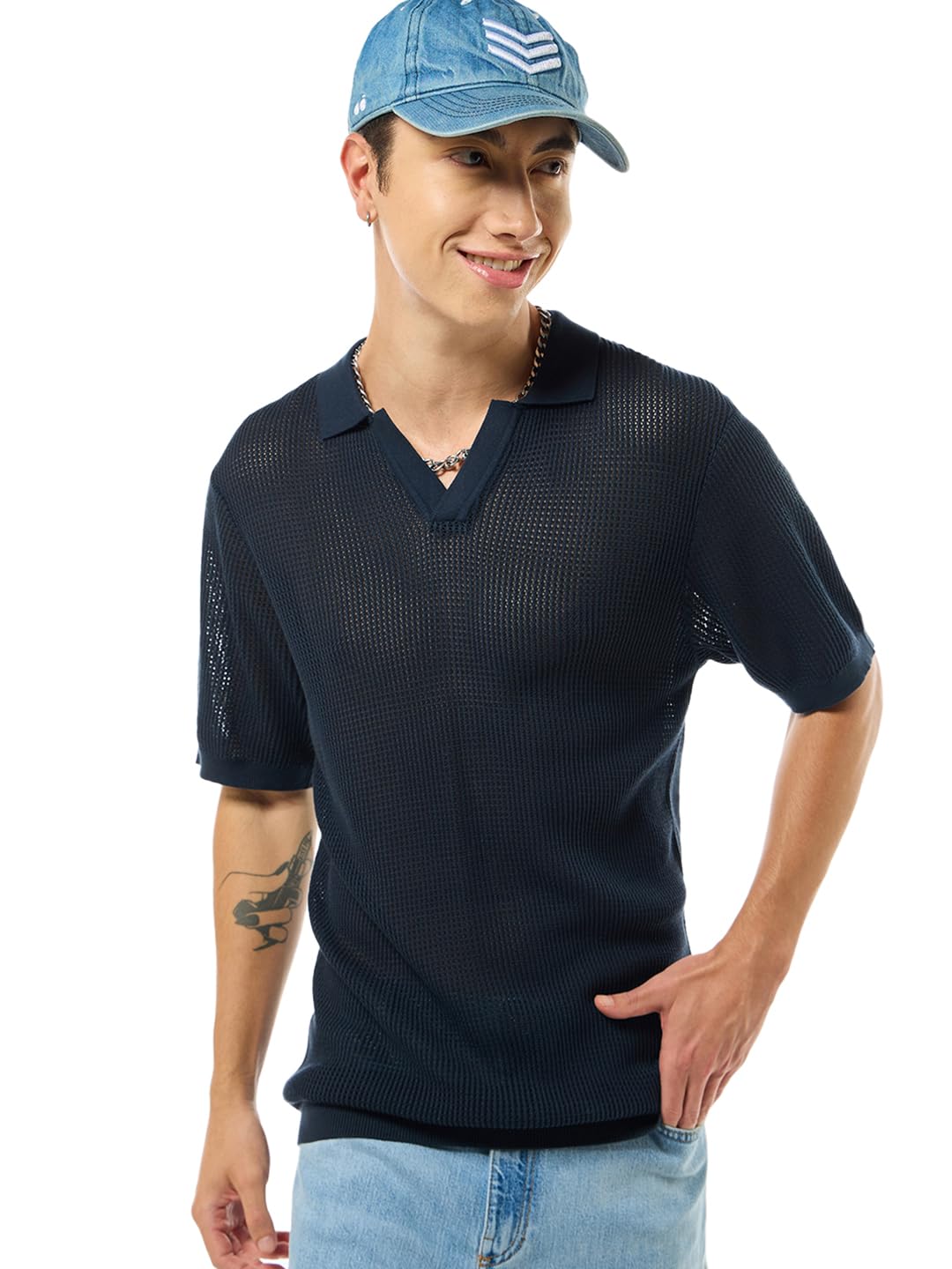 Bewakoof MenS Solid Regular Fit Half Sleeve Polo Cotton Flatknit Polo T-Shirt_634392_Blue_Xl