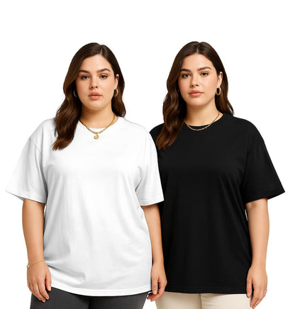 Juneberry 100% Pure Cotton Oversized Baggy Fit Drop Shoulder Solid Core Plus Size T-Shirt Combo For Women (Pack Of 2) (Po2_Jb_Ps