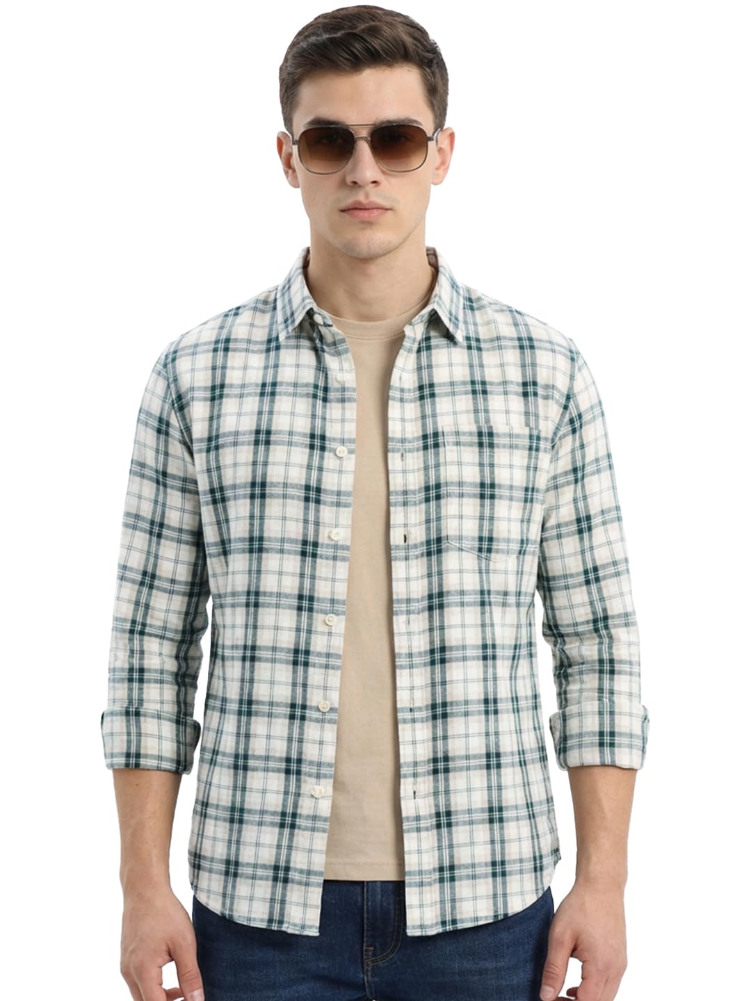 Bewakoof MenS Checked Regular Fit Full Sleeve Collar Cotton Shirt_1500726_Off White_S