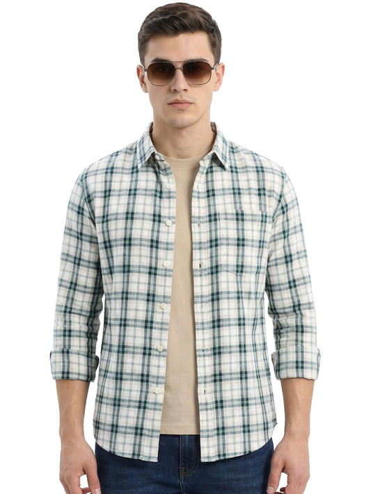 Bewakoof MenS Checked Regular Fit Full Sleeve Collar Cotton Shirt_1500726_Off White_S