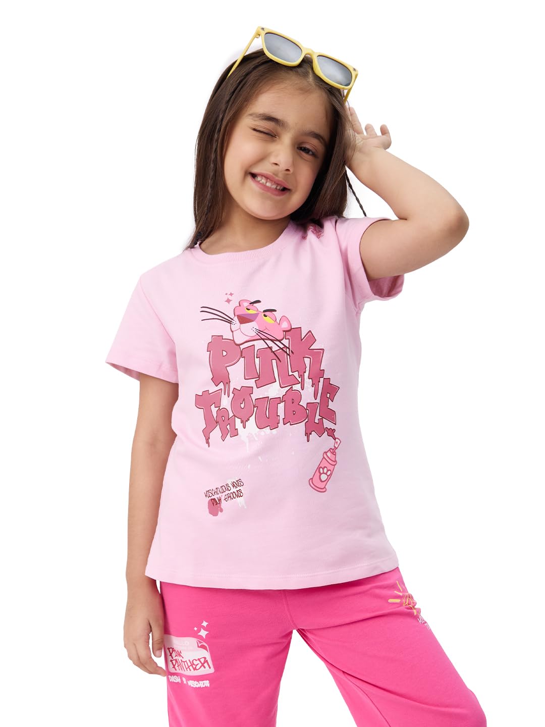 The Souled Store Official Pink Panther: Pink Trouble Girls Pink Graphic Printed Regular Fit Cotton T-Shirts