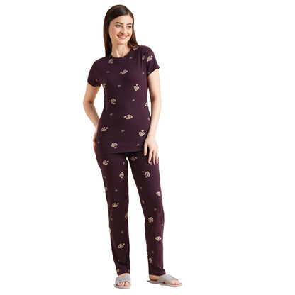 Sweet Dreams Women Printed Pyjama Set Brown