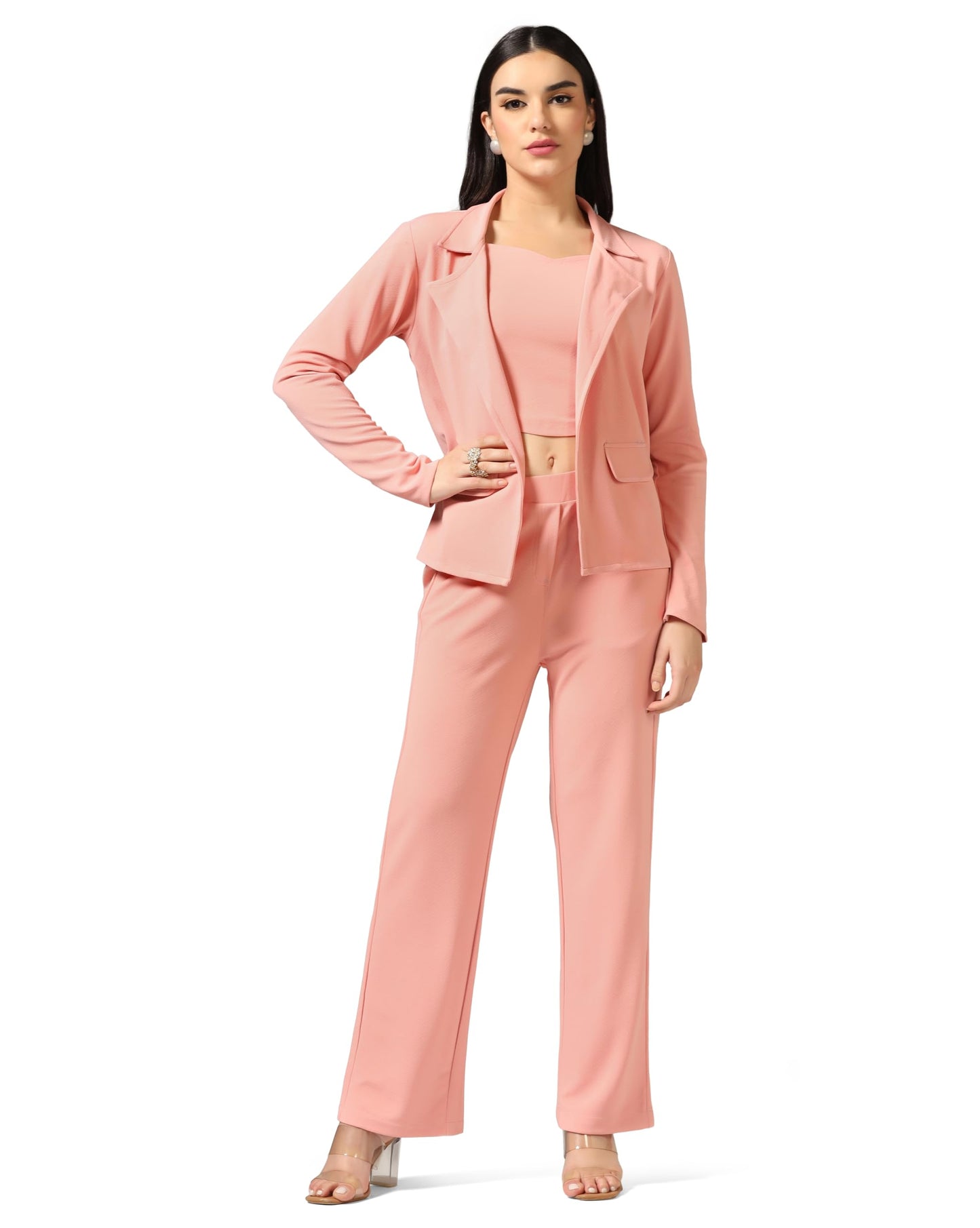 Greciilooks Women Lycra Blend Blazer 3 Piece Co Ord Set Pink