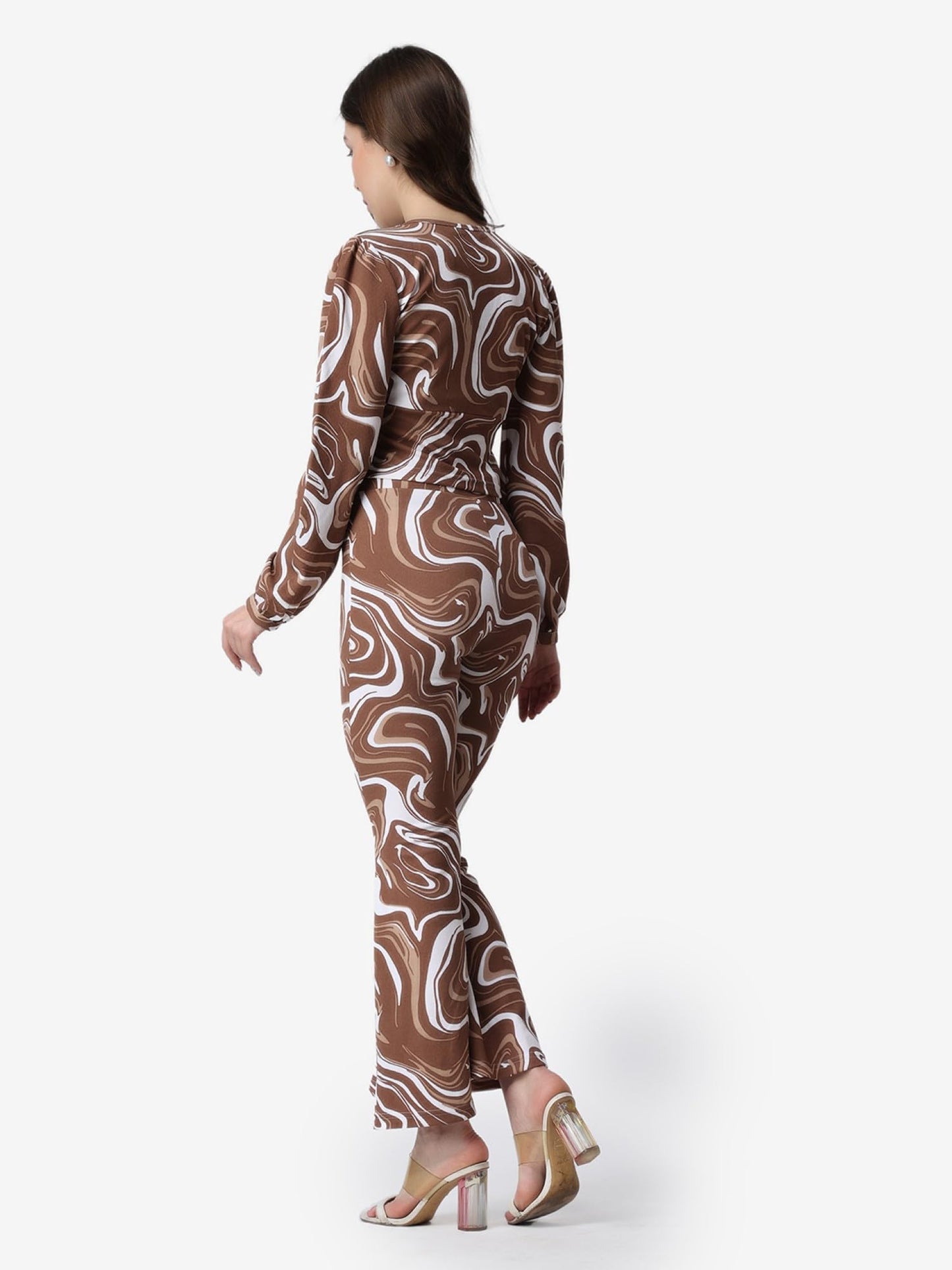 POPWINGS Casual Brown Marble Printed Crop Top and Trouser Set for Women | Co-Ords Set for Women Stylish Western | Full Sleeves V
