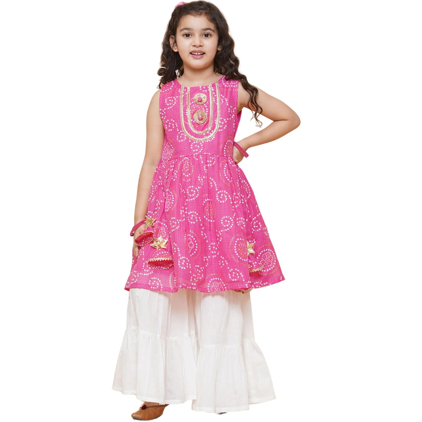 Naixa Girls Pink Rayon Round Neck Sleeveless Flared-Fit Floral Printed Kurta And Sharara With Dupatta Set | Traditional Printed