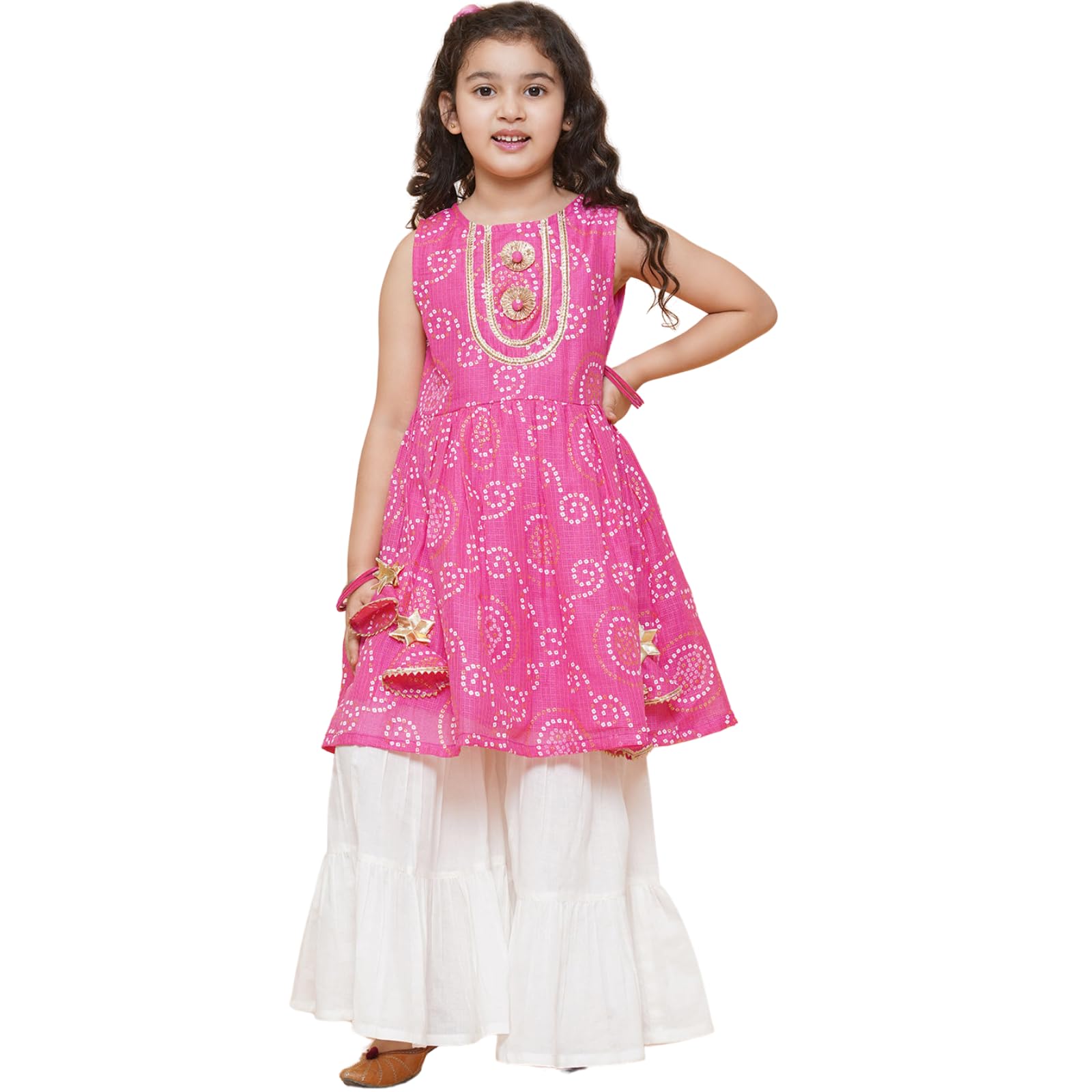 Naixa Girls Pink Rayon Round Neck Sleeveless Flared-Fit Floral Printed Kurta And Sharara With Dupatta Set | Traditional Printed